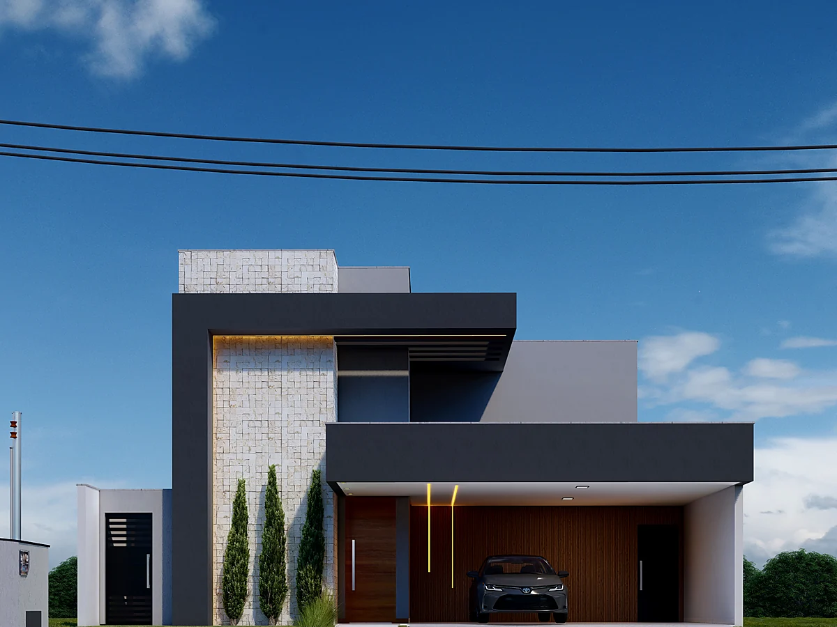 Fachada com garagem coberta e revestimento misto