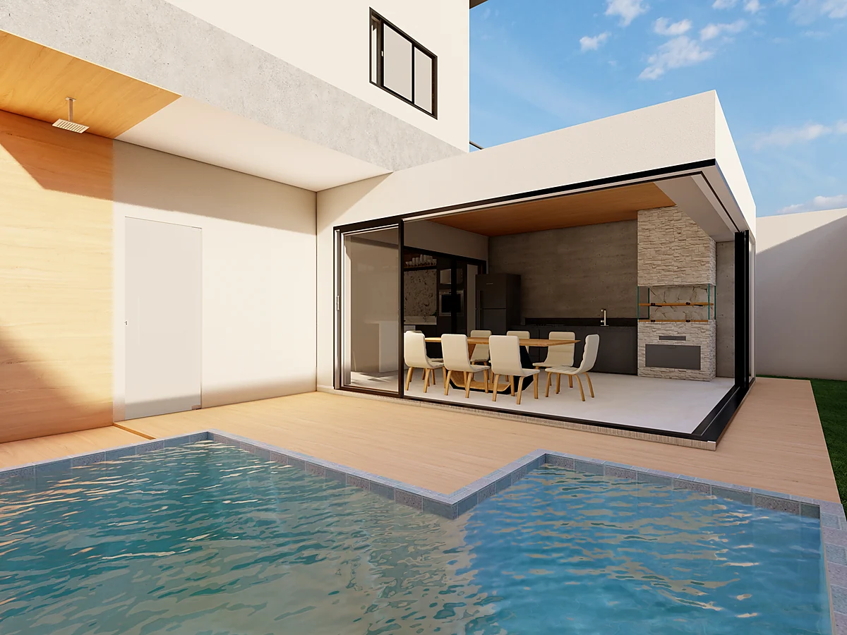 Piscina com deck e área gourmet aberta